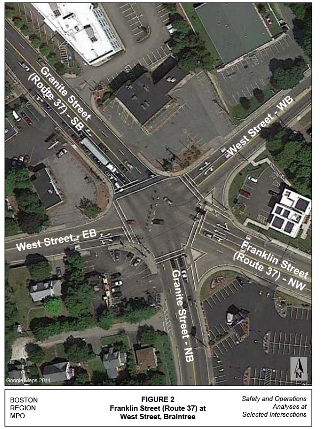 Figure 2 is titled “Franklin Street (Route 37) at West Street, Braintree.” It is an aerial photo that is an enlarged version of Figure 1, showing a smaller area of the intersection in more detail. 